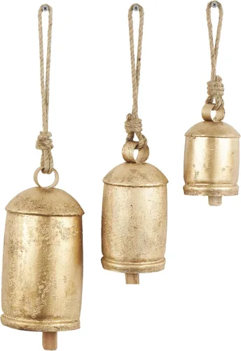 Deco 79 - Campanas de vaca gigantes XL decorativas de metal dorado con cuerda de yute para colgar, juego de 3 campanas de 10 pulgadas, 8 pulgadas y