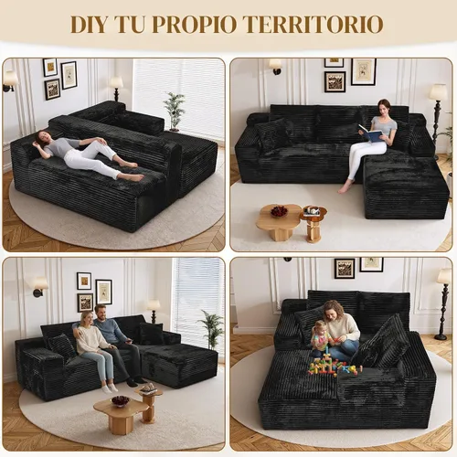 Miniatura 7 de Sofá seccional sin costuras de 108" en forma de L para sala de estar, cómodo sofá de corduroy con chaise, amplios reposabrazos, asiento profundo