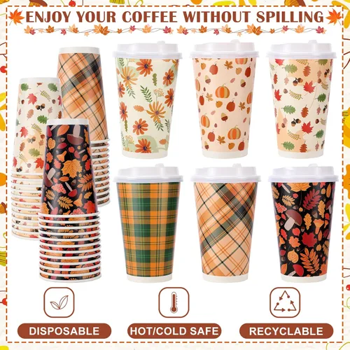 Miniatura 3 de Irenare Paquete de 96 tazas de café desechables de Acción de Gracias con tapas, 16 onzas, hojas de arce de otoño, tazas de café de papel