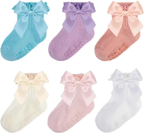 Miniatura 17 de Calcetines para bebé niña con agarre antideslizante con volantes con lazos, algodón suave, calcetines con empuñaduras para bebé recién nacido