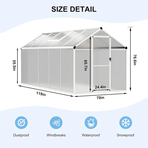 Miniatura 8 de VEIKOU Invernadero de 6 x 10 pies, casa verde de policarbonato de doble pared con ventilación ajustable, marco de aluminio, estructura de remache