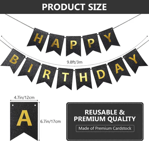 Miniatura 2 de Clabby Cartel de feliz cumpleaños negro con purpurina con letras brillantes de feliz cumpleaños con purpurina brillante para colgar suministros