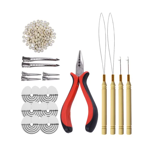 Miniatura 23 de Kit de herramientas de 200 piezas de extensiones de cabello de microanillos de silicona: alicates de pelo de tres agujeros, aguja de gancho de micro