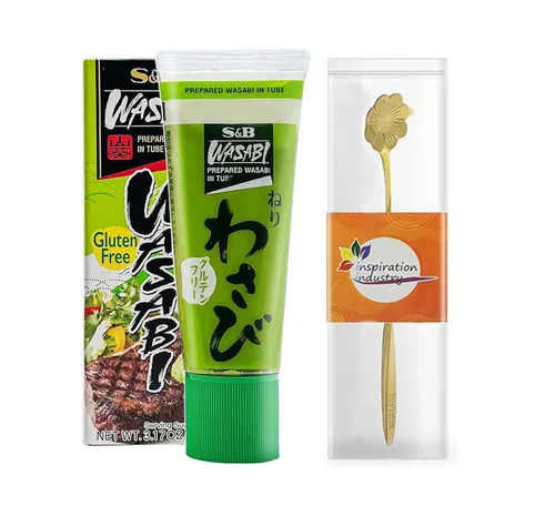 S&B Wasabi caliente preparado sin gluten en tubo, tamaño familiar, 3.17 oz (90 g) más cuchara (paquete de 1)