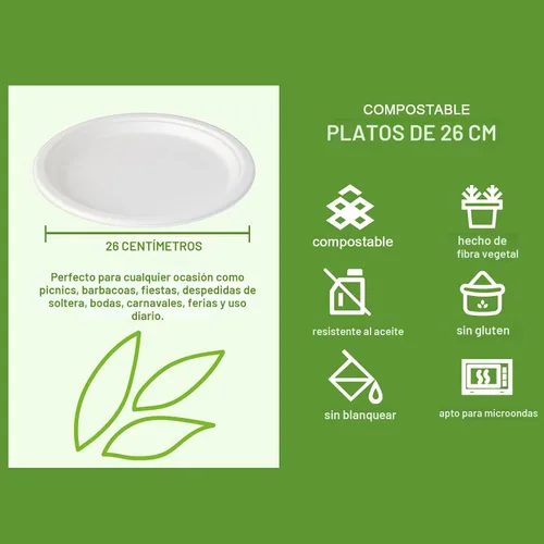 Miniatura 2 de Vplus 150 unidades de platos desechables de papel compostables de 10.25 pulgadas, platos de papel súper resistentes 100% bagazo natural Blanco