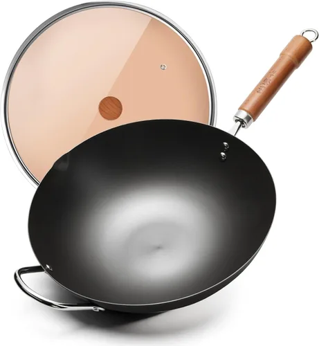 WANGYUANJI Wok de hierro, woks de 12.59 pulgadas para freír, sartén china sin recubrimiento, olla de hierro tradicional de fondo plano para
