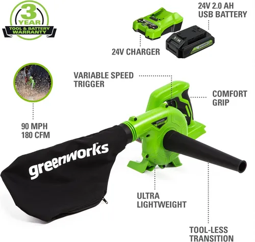 Miniatura 2 de Greenworks Soplador de Taller Inalámbrico de 24V (90 MPH / 180 CFM / 200+ Herramientas Compatibles), Batería de 2.0Ah y Cargador Incluidos