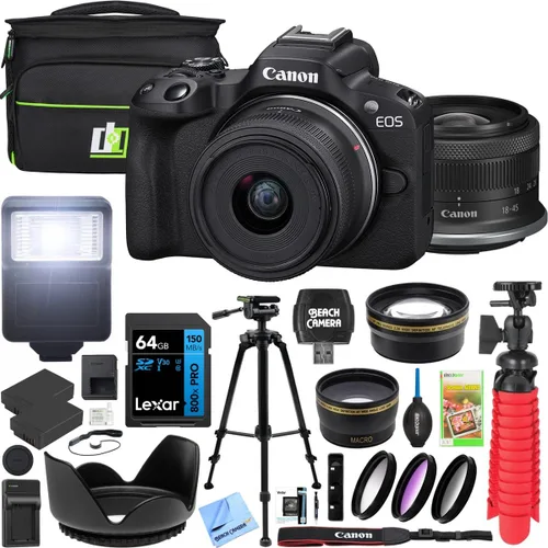 Canon Cámara sin espejo EOS R50 (negro) con RF-S 0.709-1.772 in F4.5-6.3 es lente STM 5811C012 paquete con bolsa de fotografía Deco Gear + 2