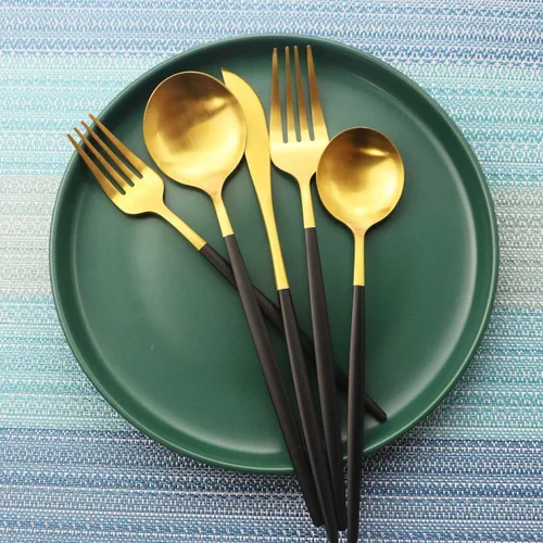 Miniatura 6 de Juego de cubiertos de 5 piezas, Uniturcky, de acero inoxidable negro y dorado, utensilios para comer con cuchillo, tenedor, cuchara para el hogar