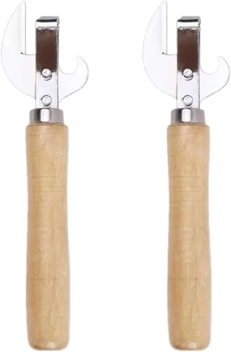 2 abrelatas vintage abrelatas manual con mango de madera, abridor de botellas de acero inoxidable de corte lateral manual, abrelatas y sacacorchos