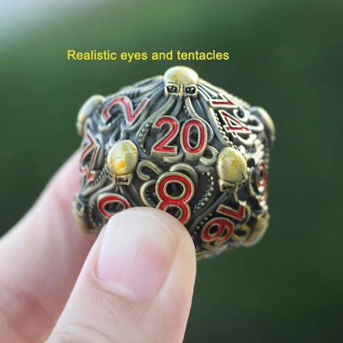 Miniatura 3 de Dados de metal D20 con diseño intrincado de pulpo, acabado antiguo y números rojos para Call of Cthulhu, RPGs-DNDWoW BZQR