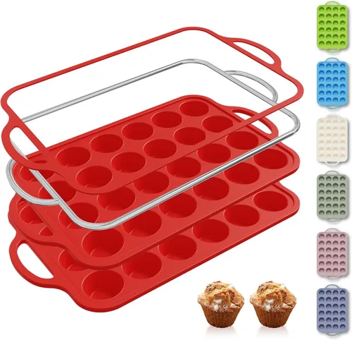 Miniatura 49 de 2 paquetes de 12 tazas de molde para magdalenas de silicona para hornear con marco reforzado de metal, molde para cupcakes de tamaño regular, Crema