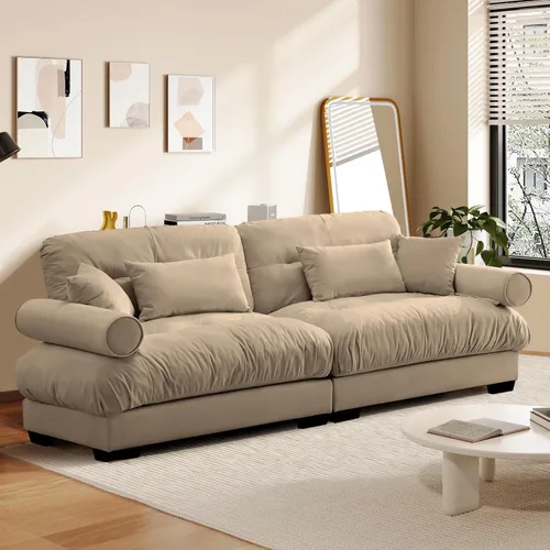 Miniatura 38 de Reposapiés Otomano Tapizado de Terciopelo con Cojín para Sofá Seccional Sofá 300 libras para Sala de Estar (Beige)