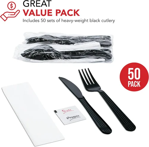 Miniatura 3 de Party Essentials Juego de utensilios de plástico resistentes envueltos individualmente, 50 juegos para catering de fiestas, Negro