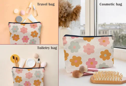 Miniatura 4 de Retro Groovy - Bolsa de maquillaje de flores de margaritas de los años 60 y 70, bolsa de cosméticos, bolsa con cremallera, bolsas de aseo
