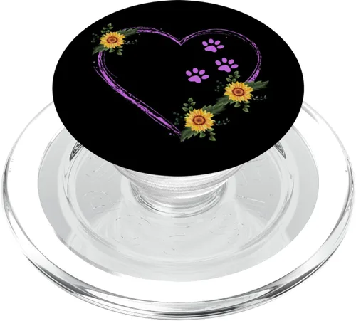 Impresiones de patas de perro coloridas moradas con corazón de girasol en negro PopSockets MagSafe PopGrip para iPhone