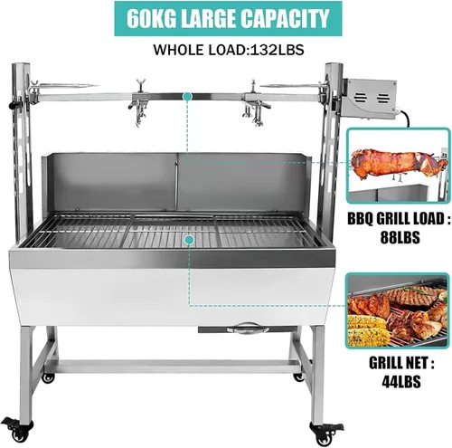 Miniatura 4 de Parrilla asadora de acero inoxidable, motor de 25 W, asador de cordero de cerdo pequeño, 37 pulgadas, 2 en 1, parrilla de asador de carbón