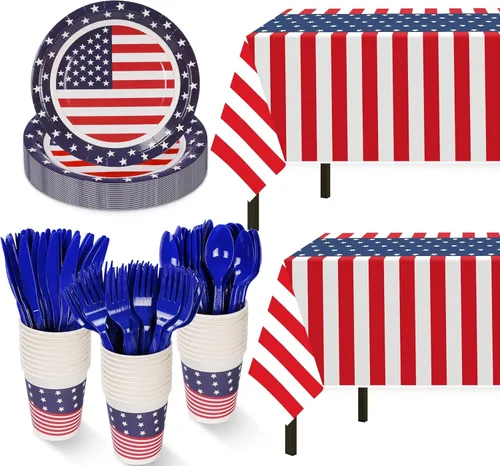 Childom Suministros para fiesta patriótica, juego de 152 piezas de fiesta temática de bandera estadounidense, decoraciones de fiesta patriótica,