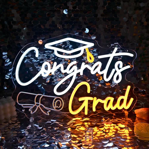 Miniatura 4 de Britrio Letrero de neón con texto en inglés "Congrats Grad" para graduación, celebración, fiesta, decoración iluminada, clase de 2026