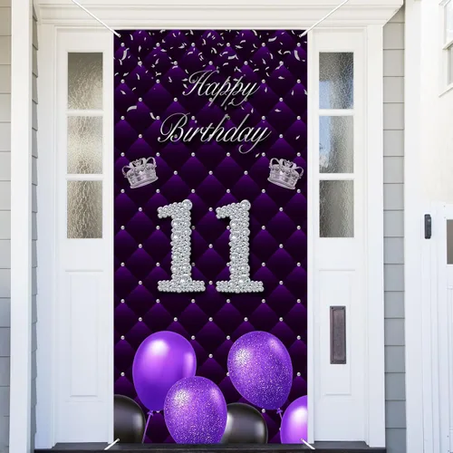 Miniatura 24 de Cartel morado de feliz primer cumpleaños telón de fondo para cabina de fotos, globos de corona plateada, decoración temática para niña, aniversario