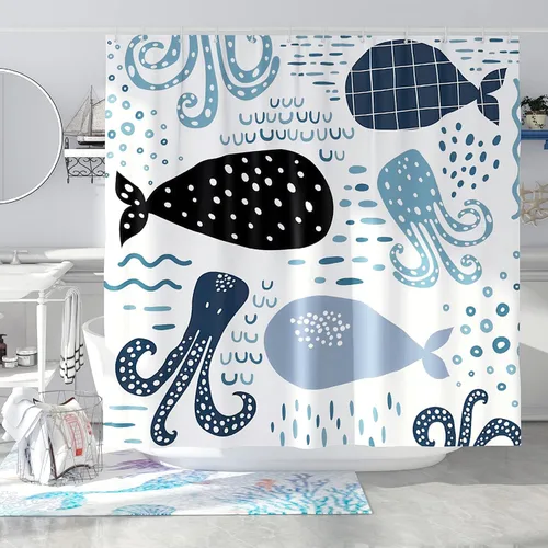 Miniatura 3 de Juego de cortinas de ducha de ballena azul, divertidas cortinas de ducha de dibujos animados de océano para baño, decoración de baño para niños