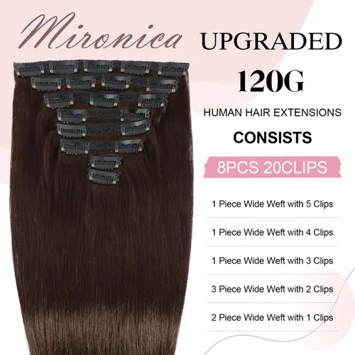 Miniatura 3 de Extensiones de cabello humano real con clip, color marrón oscuro #2, 14 pulgadas, 4.23 onzas, #2, extensiones de cabello humano virgen Remy 100% #2