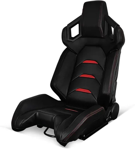 IKON MOTORSPORTS, Asientos universales de carreras para el lado izquierdo del conductor con doble deslizador, negro con puntada roja, rayas rojas,