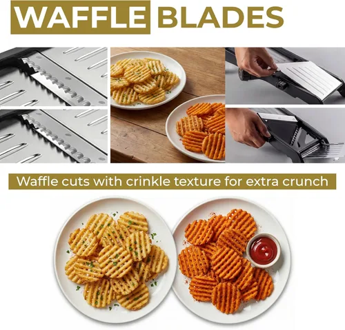 Miniatura 6 de Cortador de alimentos con mandolina, ajustable de acero inoxidable con cortador de gofres, corte arrugado, papas fritas, cebolla vegetal Negro