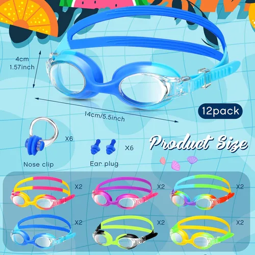 Miniatura 2 de Kanayu 12 gafas de natación para niños, sin fugas, antiniebla, con clips para la nariz, tapones para los oídos, 12