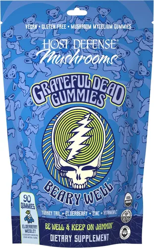 Host Defense Beary Well Grateful Dead - Gomitas de hongos con agarikon, cola de pavo, chaga, saúco, vitamina C y zinc, salud del sistema