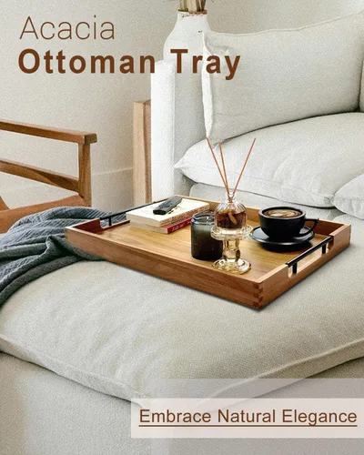 Miniatura 3 de Bandeja de madera de acacia de 22 pulgadas con asas de metal, bandeja otomana rectangular grande de madera, diseño decorativo y duradero para sala