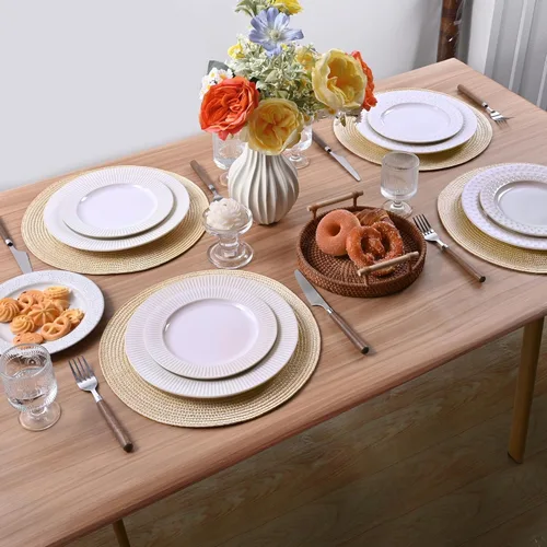 Miniatura 59 de Feuille Juego de 4 manteles individuales redondos trenzados para mesa de comedor, tejidos, lavables, antideslizantes, 13.5 pulgadas