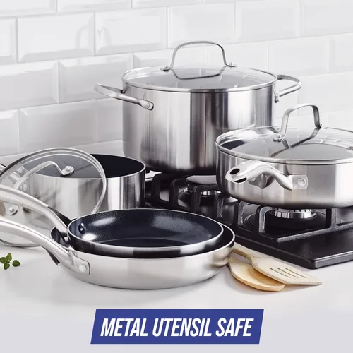 Miniatura 7 de Blue Diamond HD Stainless Steel Clad Pro - Juego de ollas y sartenes de 10 piezas, cerámica antiadherente con infusión de diamante, sin PFAS, apto
