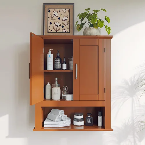 Miniatura 16 de VINGLI Armario de pared de baño, botiquín negro con estante abierto y 2 puertas, organizador de almacenamiento ajustable para colgar sobre