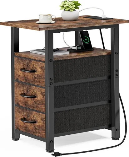 Miniatura 10 de Vagusicc Mesita de noche negra con estación de carga y luces LED, mesa auxiliar estrecha, mesita de noche LED con 3 cajones de tela para dormitorio