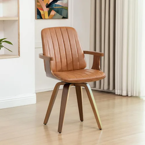 Miniatura 17 de Juego de 2 sillas de comedor giratorias, modernas de mediados de siglo con artesanía de nogal, piel sintética tapizada, brazos y patas de madera