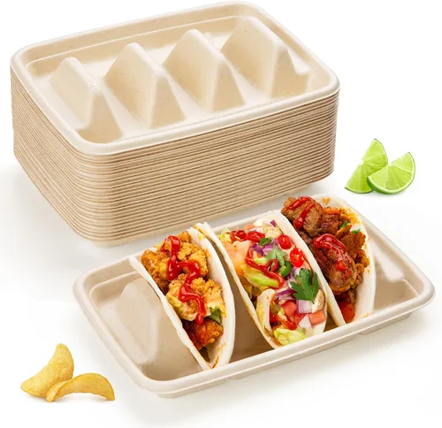 25 soportes desechables para tacos para fiestas, platos de taco de fibra de pulpa de bagazo con 3 divisores, soporte para bandeja de tacos de