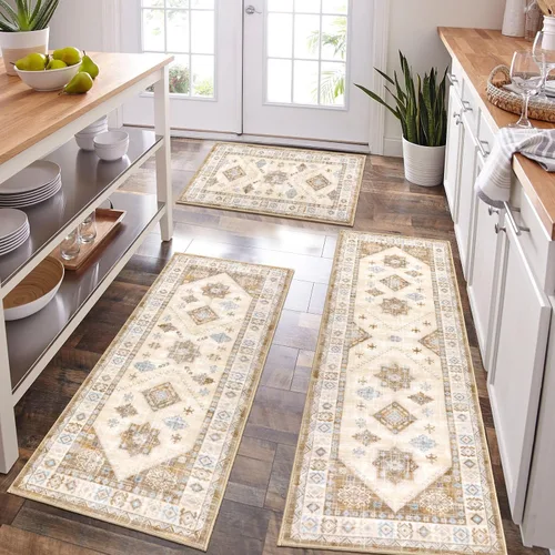 Miniatura 33 de HEBE - Juego de alfombras de cocina bohemias de 3 piezas con corredor, alfombras de cocina antideslizantes y tapetes lavables para piso de cocina
