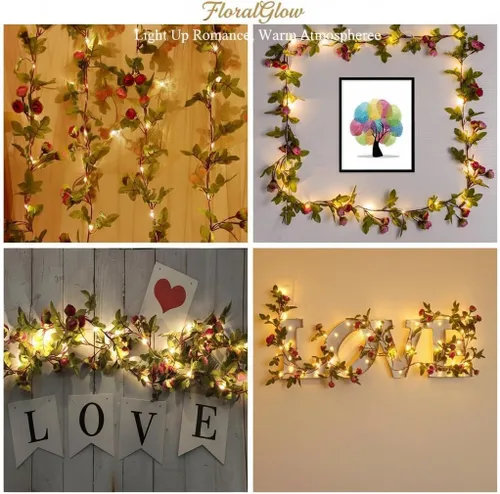 Miniatura 7 de Fielegen Guirnalda de 20 luces LED de flores de rosas, guirnalda de flores artificiales de 7.2 pies con luces de hadas para el día de San Valentín