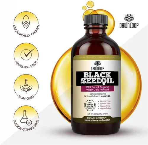 Miniatura 3 de DAWNLOOP Aceite de semilla negra orgánico prensado en frío, 100% puro de alta timoquinona Nigella Sativa, aceite de comino negro para apoyo