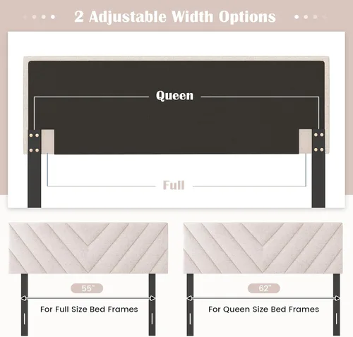 Miniatura 6 de KOMFOTT - Cabecera tapizada en tela de lino para cama tamaño Full/Queen, cabecera rectangular con patas de madera maciza y ancho ajustable, cabecera