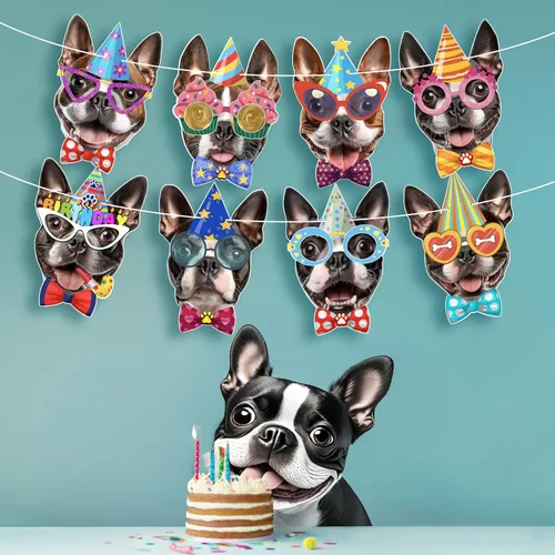Miniatura 6 de Guirnalda de cumpleaños para perro Boston Terrier, pancarta de cumpleaños con caras fotográficas de Boston Terrier, decoración divertida de fiesta