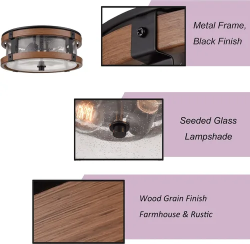 Miniatura 3 de DEYNITE Lámpara de techo de granja con pantalla de vidrio semillado de 2 luces en negro y acabado de grano de madera rústica para pasillo, entrada