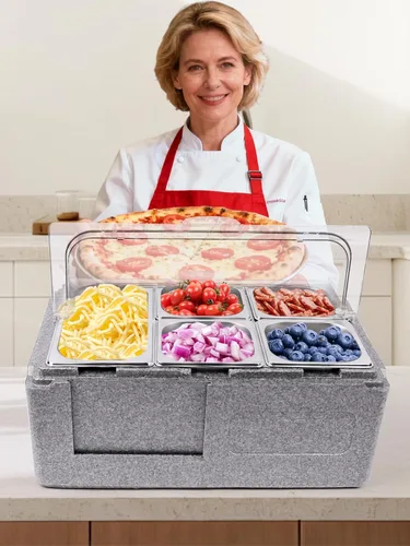 Miniatura 7 de Pizza Topping Station 7 sartenes, barra de ensalada, estación de buffet, servidor de bufé de alimentos fríos con tapas de bolsas de hielo, juego