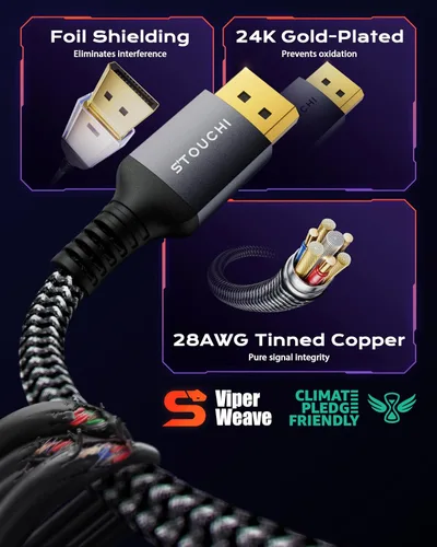 Miniatura 5 de Stouchi Cable DisplayPort 2.1 de 6.5 pies, cable DP 80Gbps [16K@60Hz, 8K@120Hz, 4K@240Hz, 1080P@360Hz] HDR, HDCP, DSC 1.2a, FreeSync G-Sync, cable