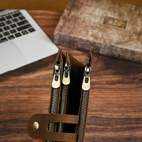 Miniatura 34 de Genuino Caballo Loco Cuero Regalo de Viaje Moneda Bolsillo Tarjetero Organizador Largo Cadena Rfid Cartera Monedero Con Broche Para Hombres Hombres