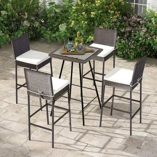 Miniatura 9 de Tangkula Juego de 2 taburetes de mimbre para patio, silla de bar para exteriores con cojín de asiento suave y reposapiés acogedor, marco de metal
