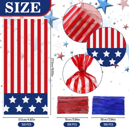 Miniatura 2 de Whaline 150 bolsas patrióticas de celofán para el 4 de julio, estrellas y rayas, bolsas de celofán con lazos torcidos, bolsa de dulces de bandera