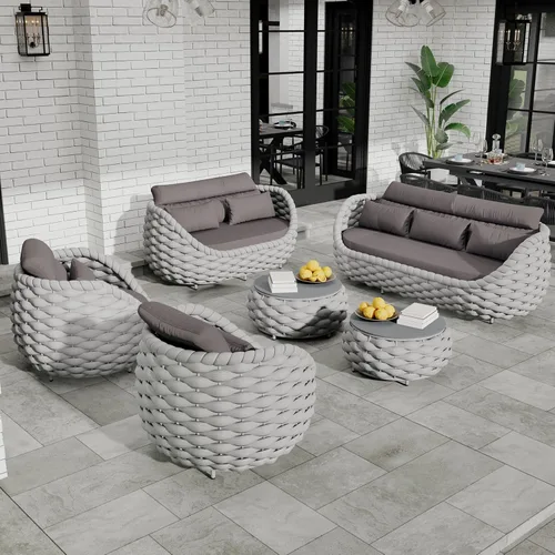 Miniatura 26 de Juego de muebles de patio de cuerda de 4 piezas: conjunto de sofás al aire libre de aluminio acolchado - sofá de conversación moderno ensamblado