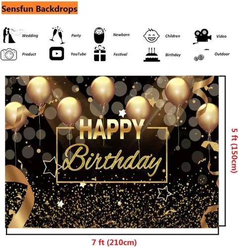 Miniatura 4 de Sensfun Cartel de fondo de fiesta de feliz cumpleaños para hombres y mujeres, globos negros y dorados con purpurina Bokeh, fondo de fotografía